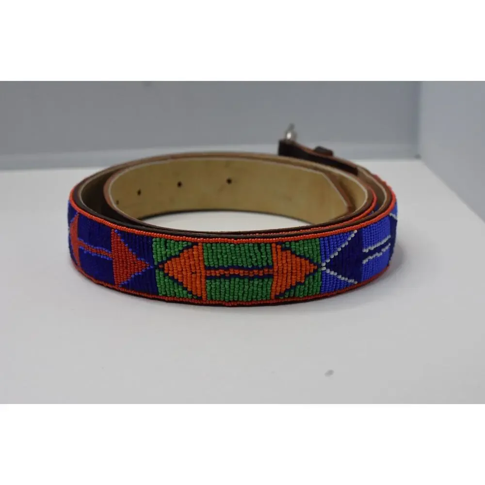 UNISEX BoHo Hand Beaded Maasai Leather Belt with Silver Tone Buckle 34-40